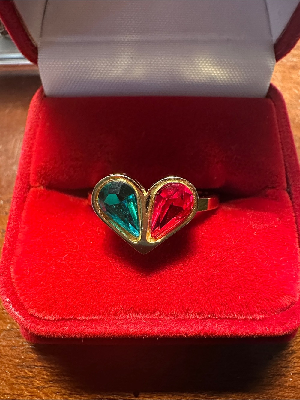 Gold Heart Ring with Teardrop Red and Teal Stones - Women Jewelry